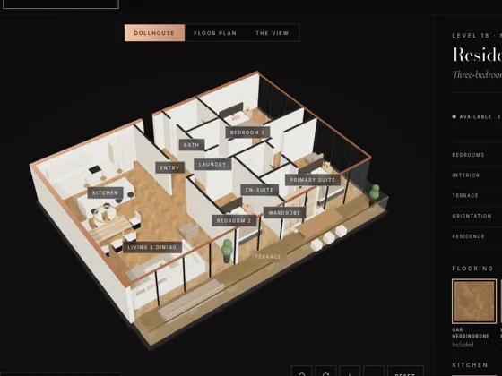 A residence shown as a 3D dollhouse layout